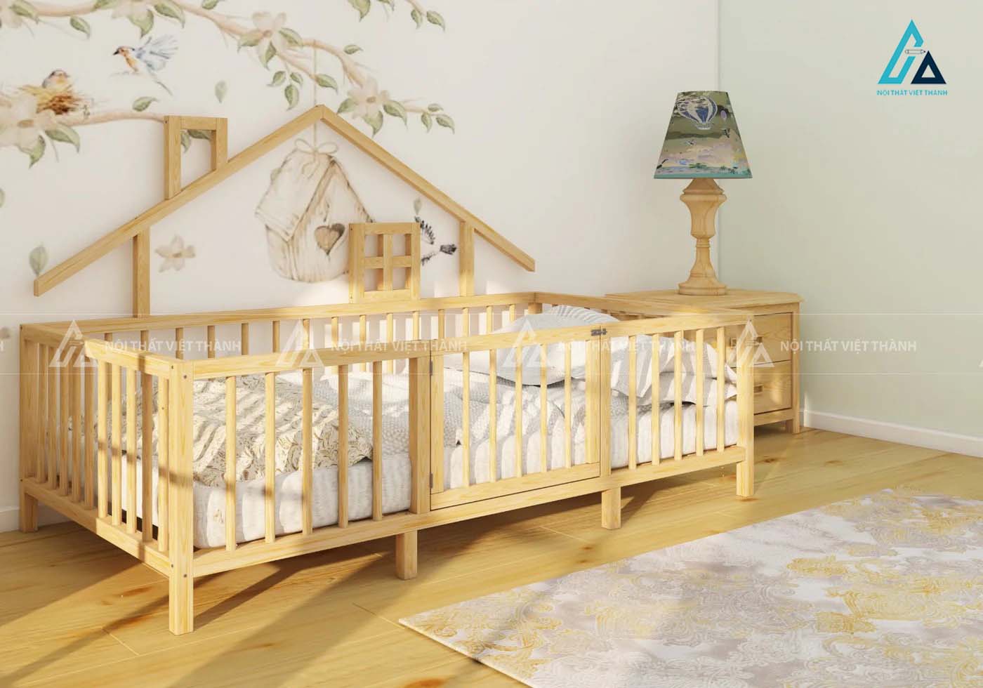 Giường Ngủ Trẻ Em Hình Ngôi Nhà Gỗ Tự Nhiên Có Lan Can Chắn An Toàn