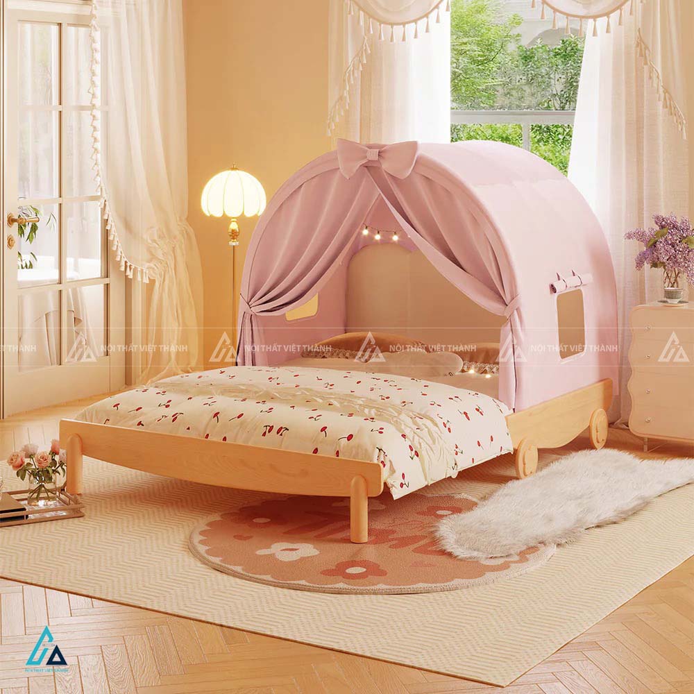 Giường Ngủ Trẻ Em Gỗ Hình Xe Cỗ Tích Tích Hợp Mái Che Lều Vải Cao Cấp 1