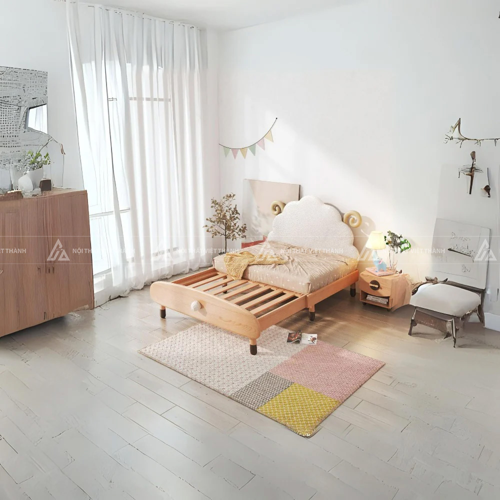 Giường Ngủ Trẻ Em Đầu Giường Hình Đám Mây Tích Hợp Hệ Nan Thông Thoáng 2