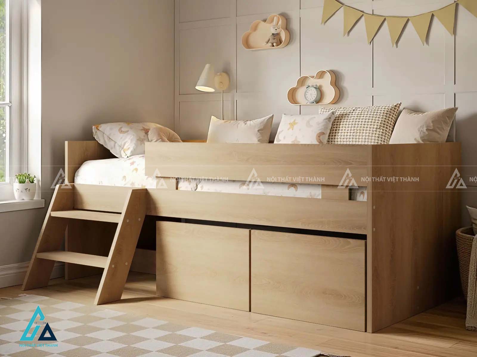 Giường Ngủ Trẻ Em Thiết Kế Hàng Rào Nan Dọc An Toàn Với Cầu Thang Độc Đáo 1