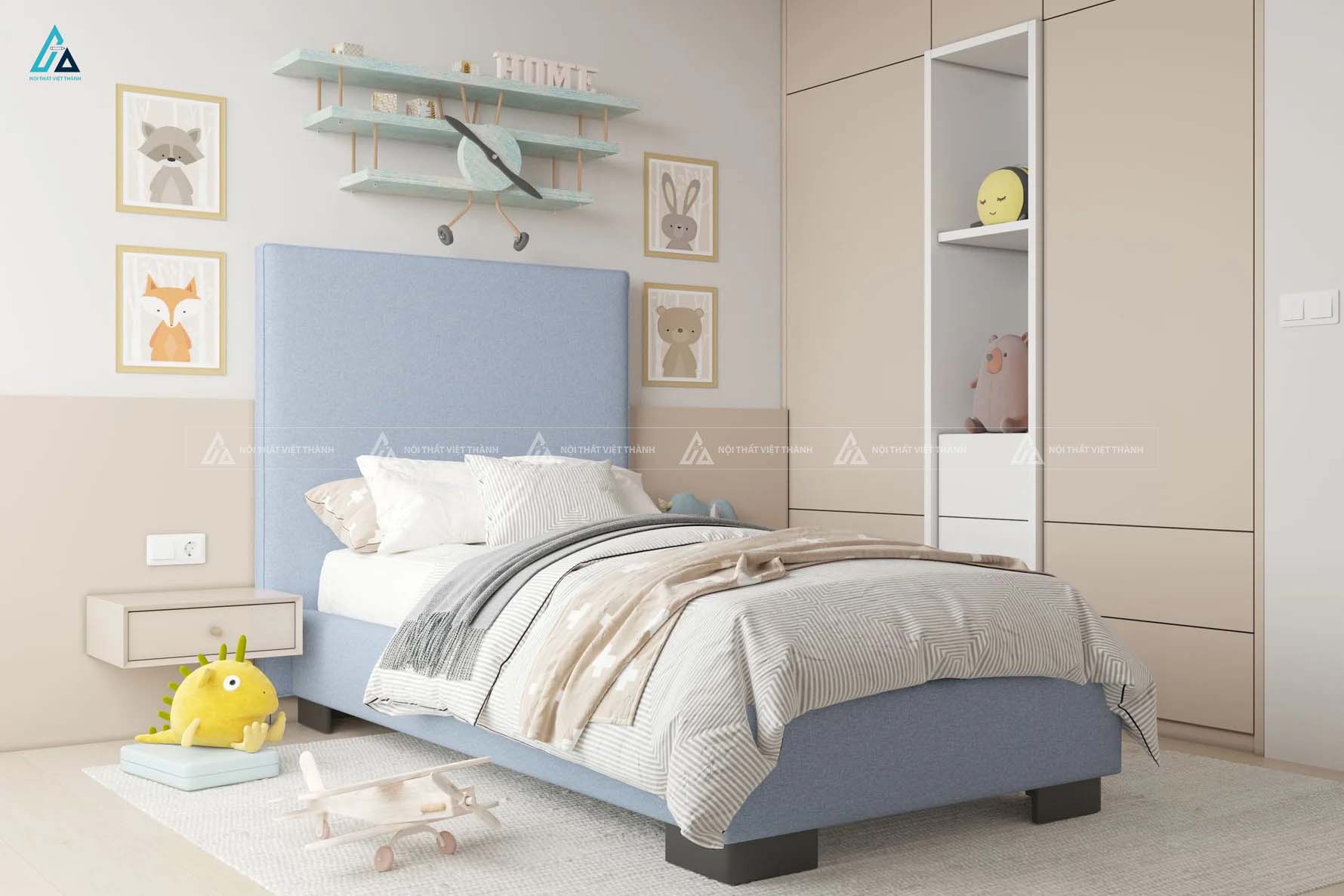 Giường Ngủ Trẻ Em Gỗ Hình Khối Đơn Giản Tích Hợp Đầu Giường Cao Tiết Kiệm Diện Tích