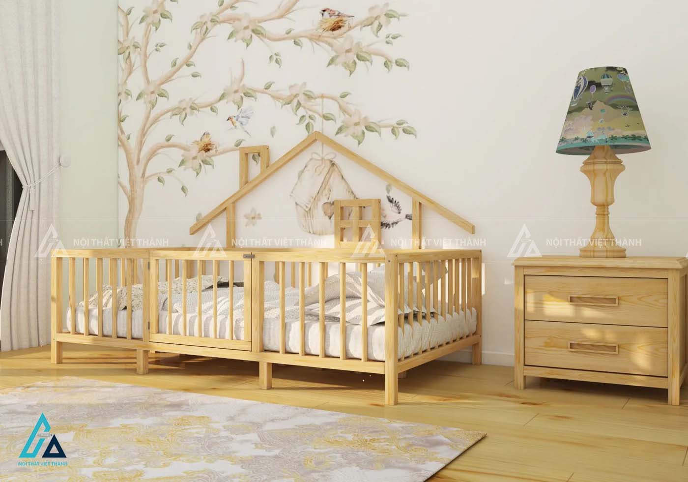 Giường Ngủ Trẻ Em Hình Ngôi Nhà Gỗ Tự Nhiên Có Lan Can Chắn An Toàn 1
