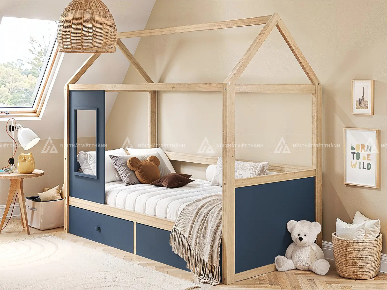 Giường Ngủ Cho Bé Hình Ngôi Nhà Hiện Đại Có Ngăn Kéo Lưu Trữ Tiện Lợi 4