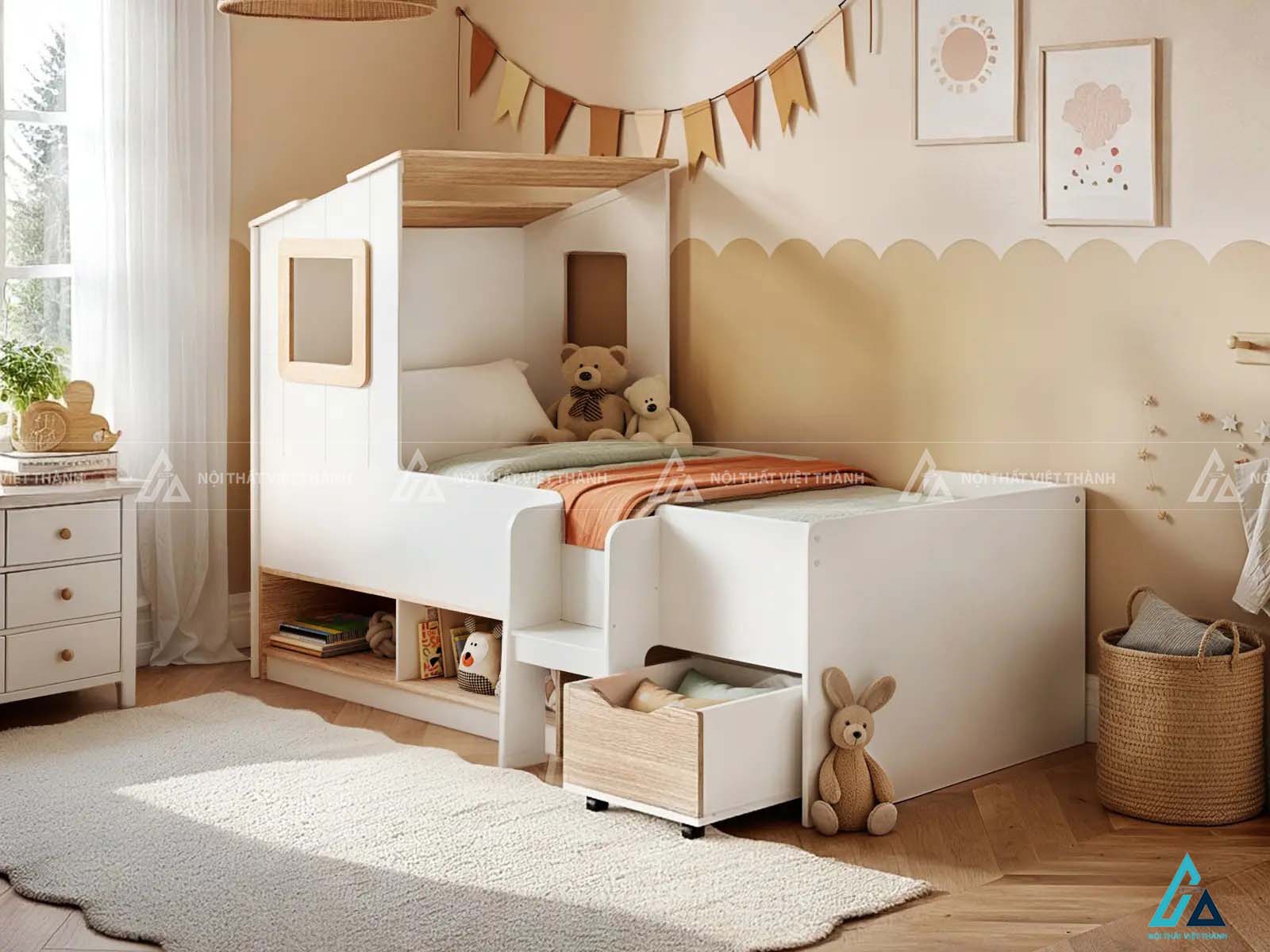 Giường Tầng Thấp Hình Ngôi Nhà Tích Hợp Kệ Sách Và Ngăn Kéo Thông Minh 1