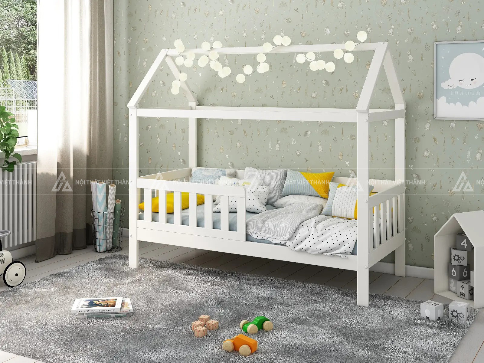 Giường Ngủ Cho Bé Hình Ngôi Nhà Có Ngăn Kéo Và Lan Can Bảo Vệ 4