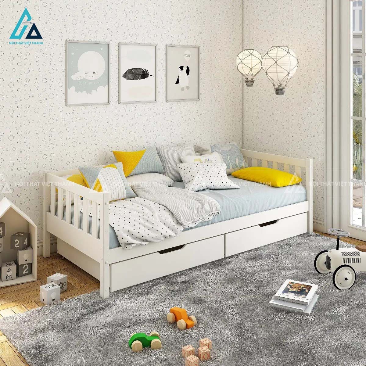Giường Ngủ Cho Bé Hình Ngôi Nhà Màu Trắng Tinh Khôi Có Lan Can Bảo Vệ 1