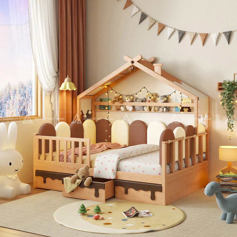Giường Ngủ Hình Ngôi Nhà Có Ngăn Kéo Lưu Trữ Và Lan Can An Toàn Cho Bé 2