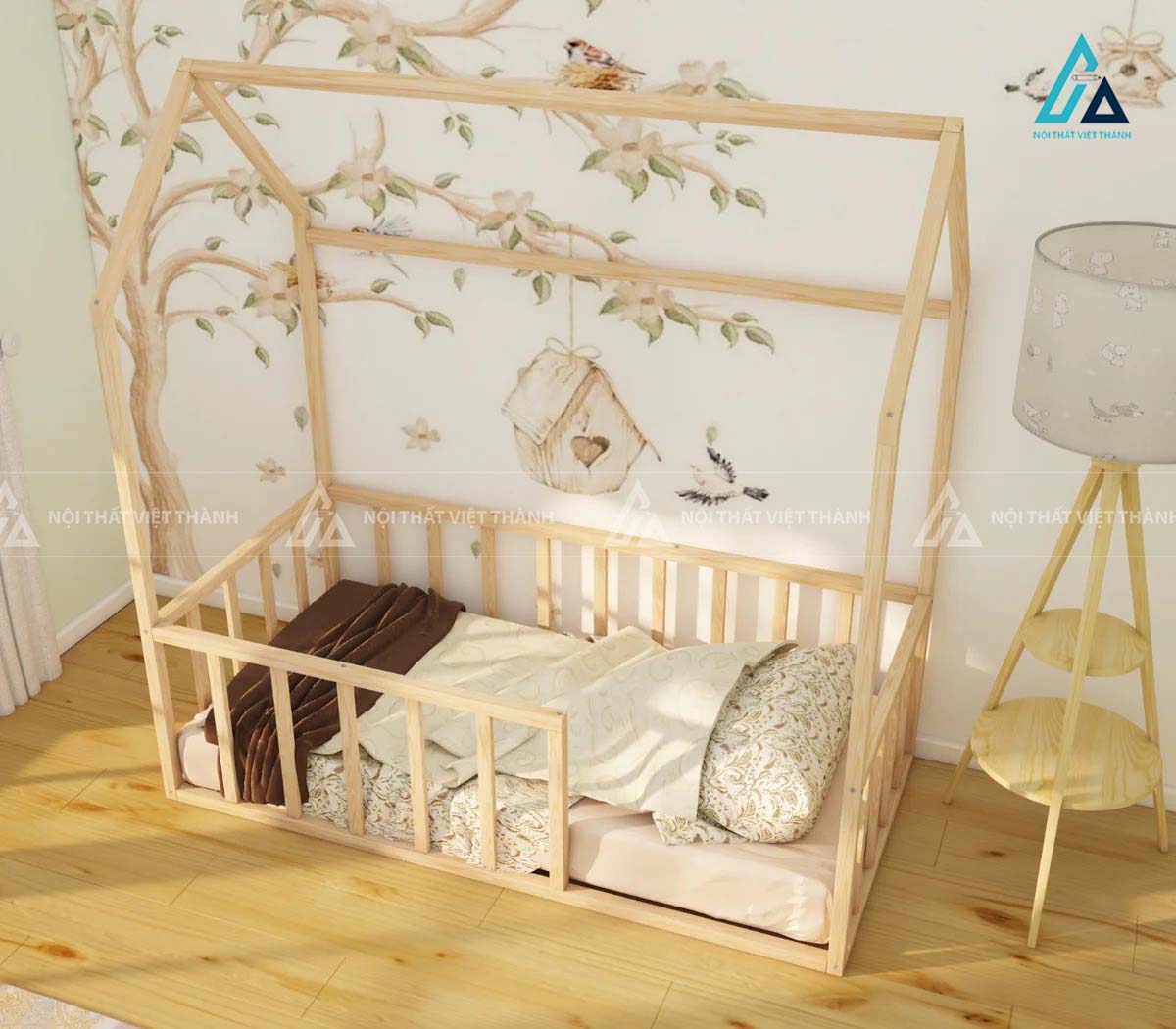 Giường Ngủ Hình Ngôi Nhà Gỗ Tự Nhiên Thiết Kế Sát Sàn An Toàn 1