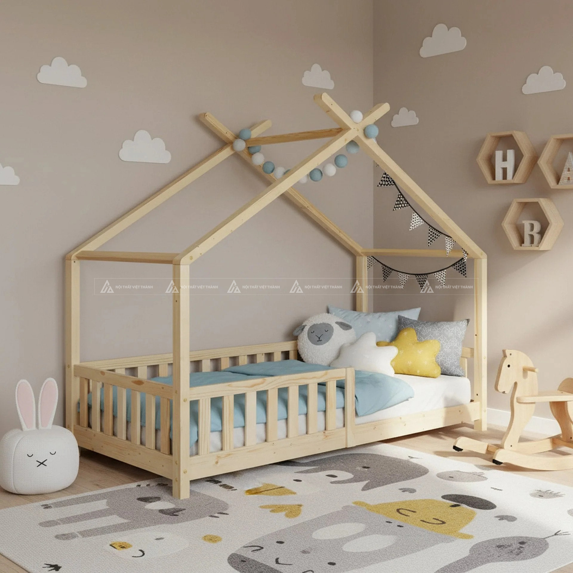 Giường Ngủ Cho Bé Khung Gỗ Hình Ngôi Nhà Phong Cách Tối Giản Hiện Đại 4