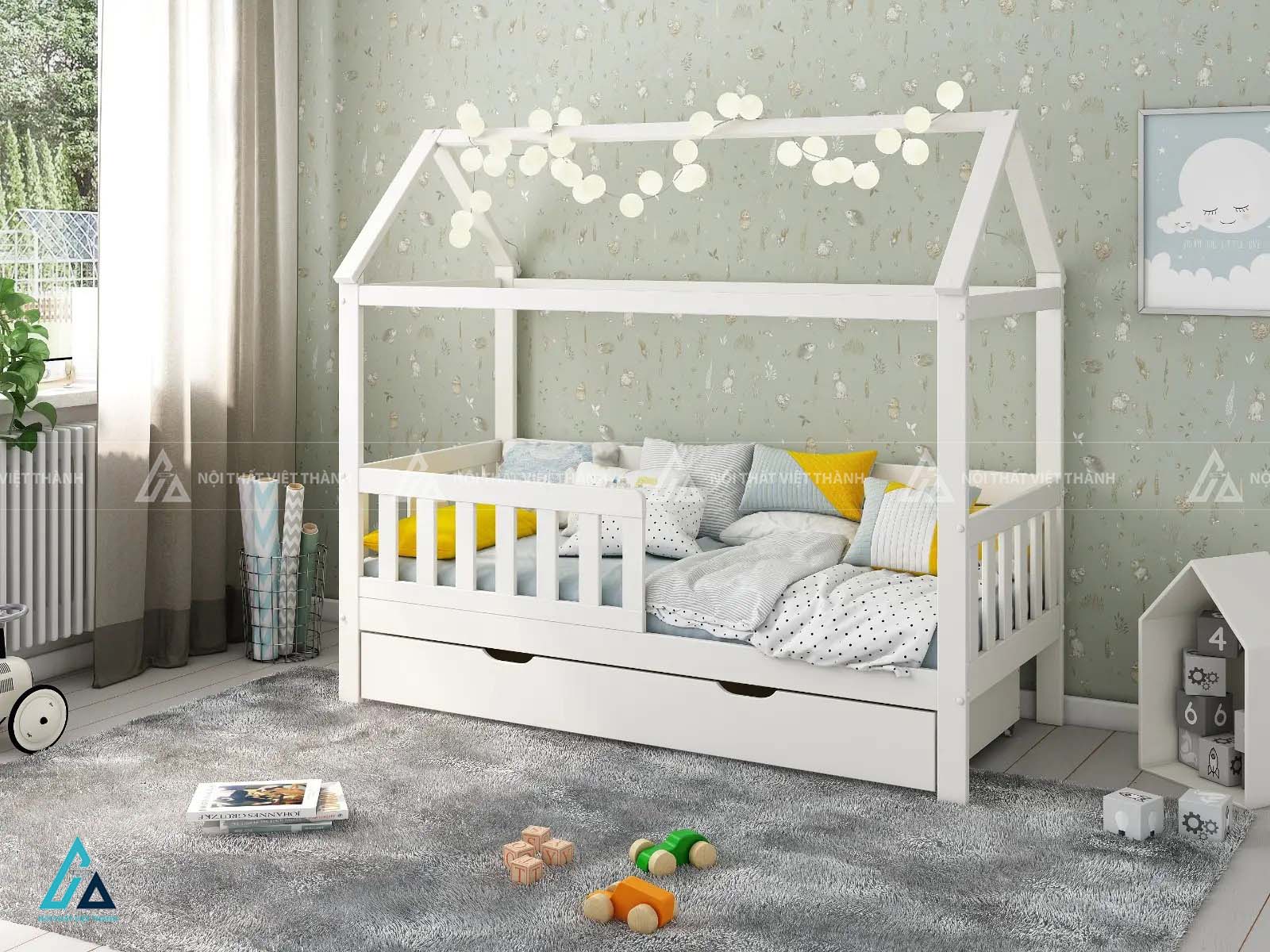 Giường Ngủ Cho Bé Hình Ngôi Nhà Có Ngăn Kéo Và Lan Can Bảo Vệ 1