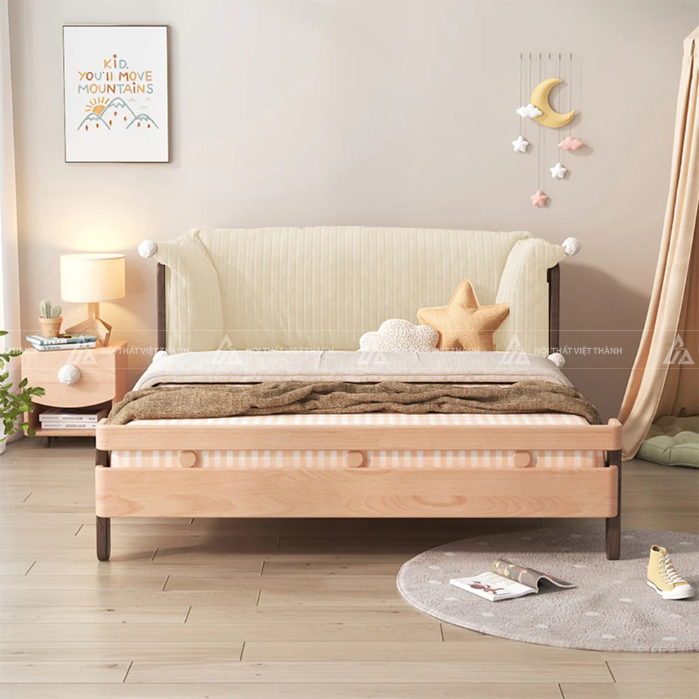 Giường Ngủ Trẻ Em Gỗ Cao Cấp Bo Góc Tích Hợp Đệm Tựa Lưng Chống Va Đập An Toàn 4