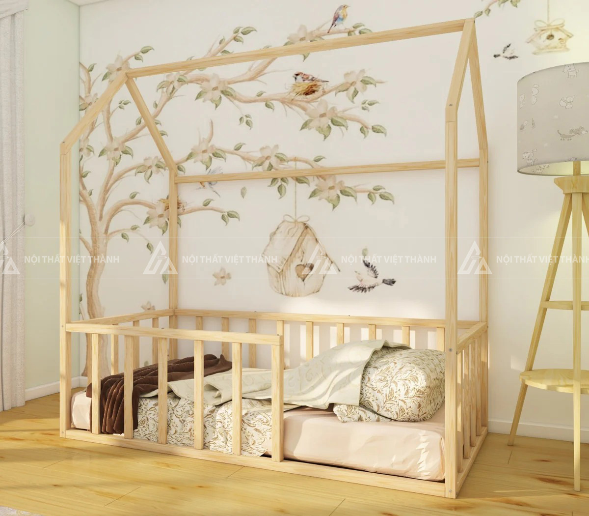 Giường Ngủ Hình Ngôi Nhà Gỗ Tự Nhiên Thiết Kế Sát Sàn An Toàn 4