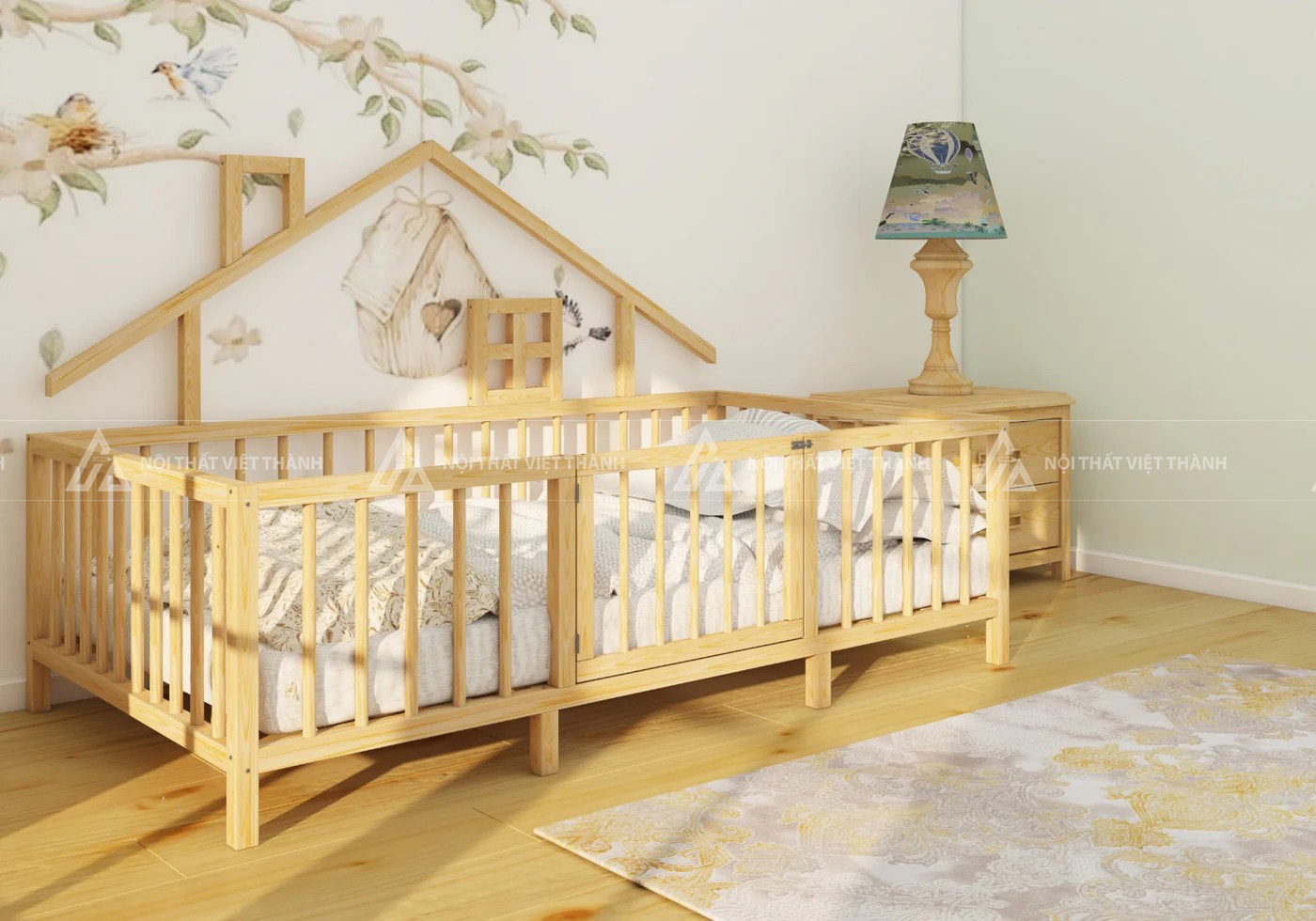 Giường Ngủ Trẻ Em Hình Ngôi Nhà Gỗ Tự Nhiên Có Lan Can Chắn An Toàn 3
