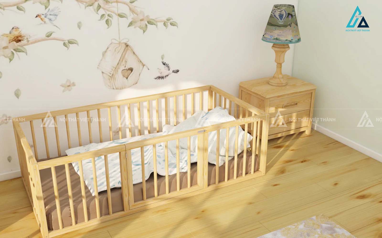 Giường Cũi Trẻ Em Gỗ Tự Nhiên Thiết Kế Lan Can Cao Có Cửa Mở An Toàn