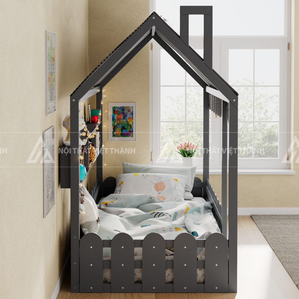 Giường Ngủ Cho Bé Hình Ngôi Nhà Màu Xám Tích Hợp Kệ Sách Đa Năng Và Hàng Rào Chắn An Toàn 4