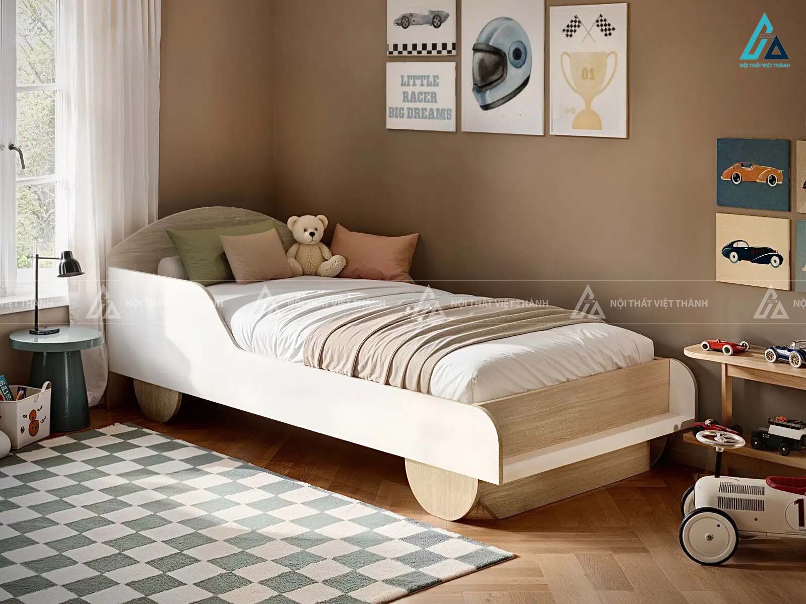 Giường Ngủ Trẻ Em Thiết Kế Cách Điệu Hình Xe Màu Trắng Phối Gỗ Hiện Đại 1