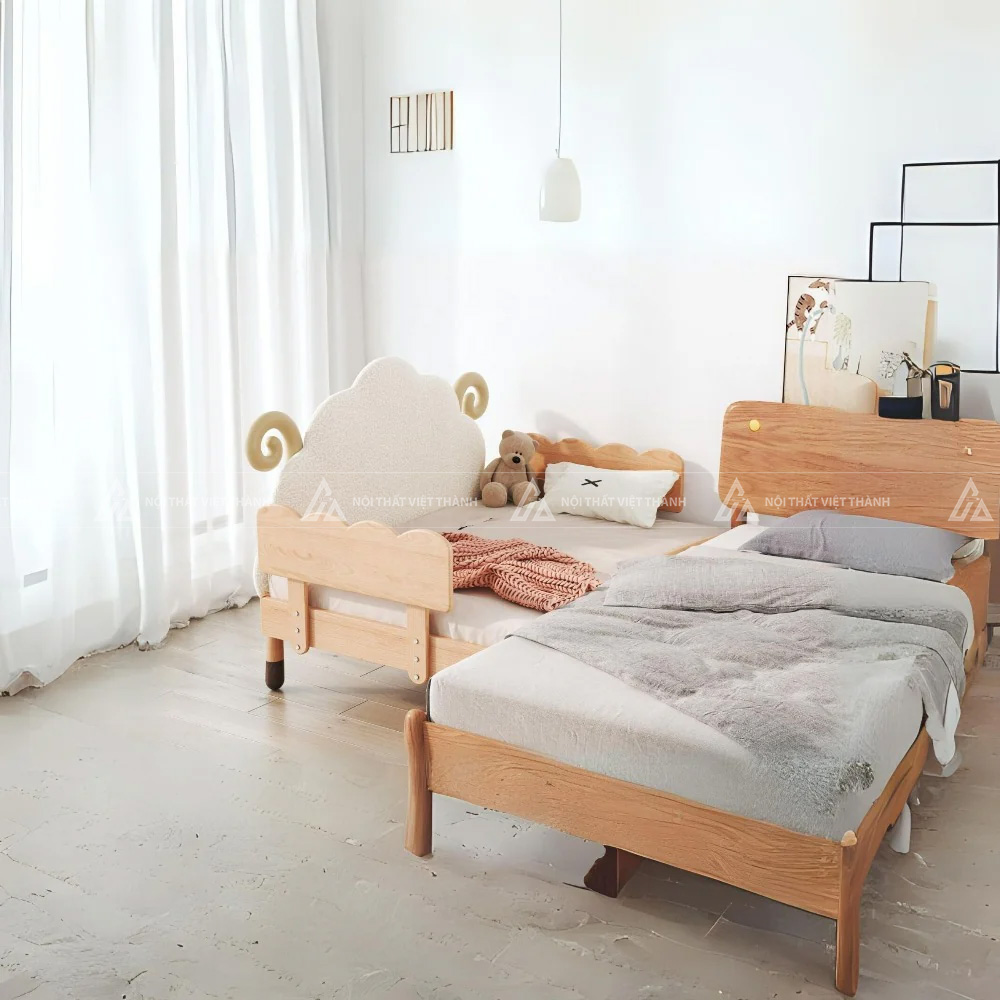 Giường Ngủ Trẻ Em Đầu Giường Hình Đám Mây Tích Hợp Hệ Nan Thông Thoáng 4