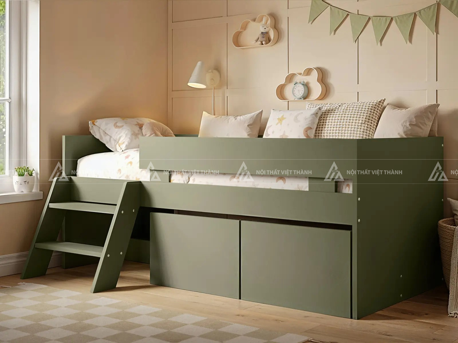 Giường Ngủ Trẻ Em Thiết Kế Hàng Rào Nan Dọc An Toàn Với Cầu Thang Độc Đáo 4