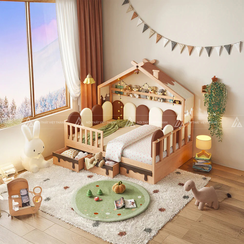 Giường Ngủ Hình Ngôi Nhà Có Ngăn Kéo Lưu Trữ Và Lan Can An Toàn Cho Bé 3