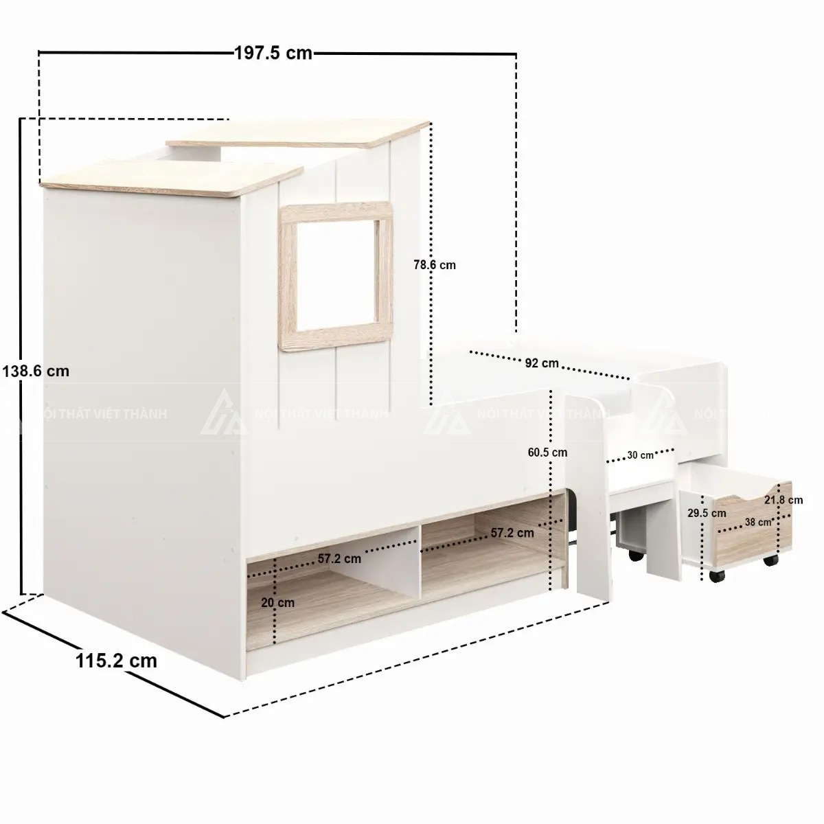 Giường Tầng Thấp Hình Ngôi Nhà Tích Hợp Kệ Sách Và Ngăn Kéo Thông Minh 4