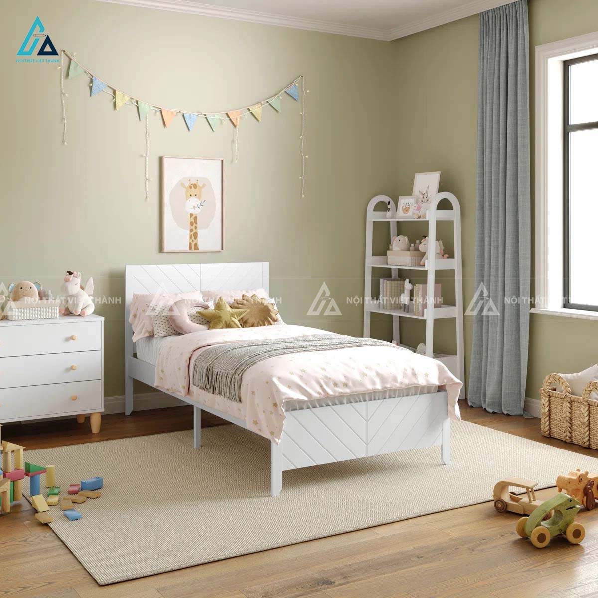 Giường Ngủ Đơn Cho Bé Màu Trắng Thiết Kế Họa Tiết Đường Chéo Năng Động 1