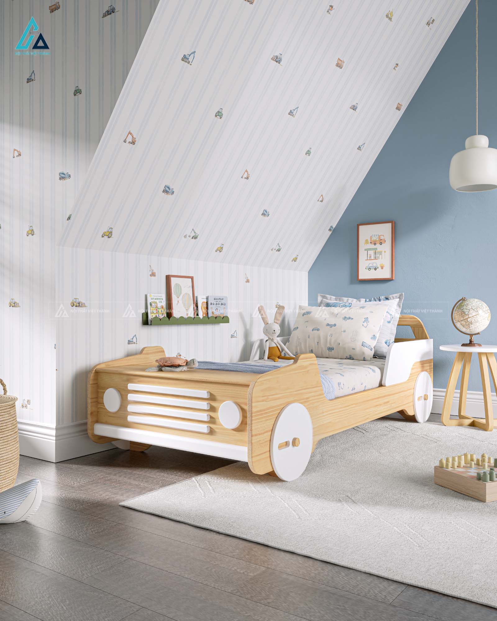 Giường Ngủ Trẻ Em Hình Xe Ô Tô Phối Trắng Sáng Tạo Cho Bé Trai Và Bé Gái 1