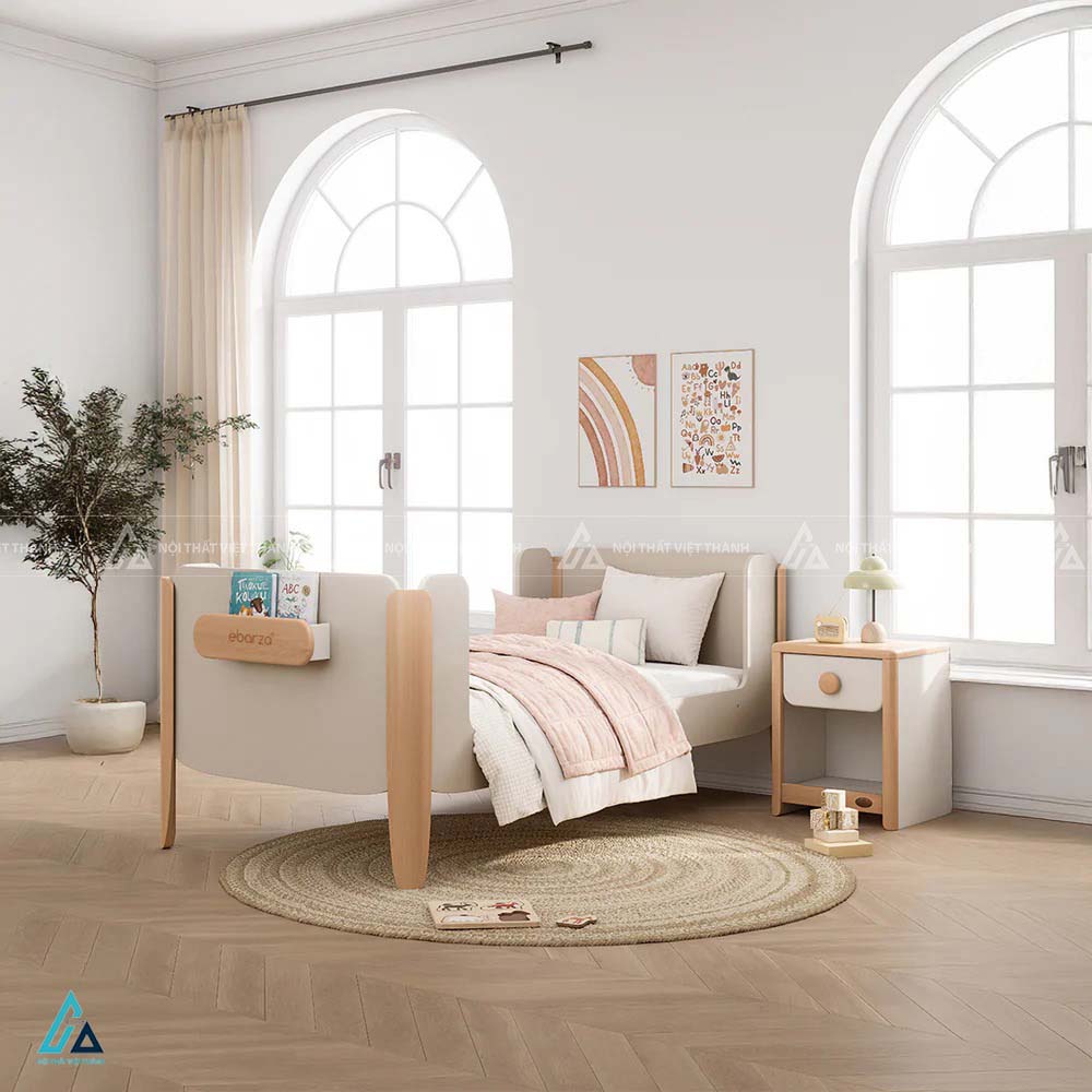 Giường Ngủ Trẻ Em Gỗ Cao Cấp Thiết Kế Bo Góc Tích Hợp Kệ Sách Mini Tiện Lợi