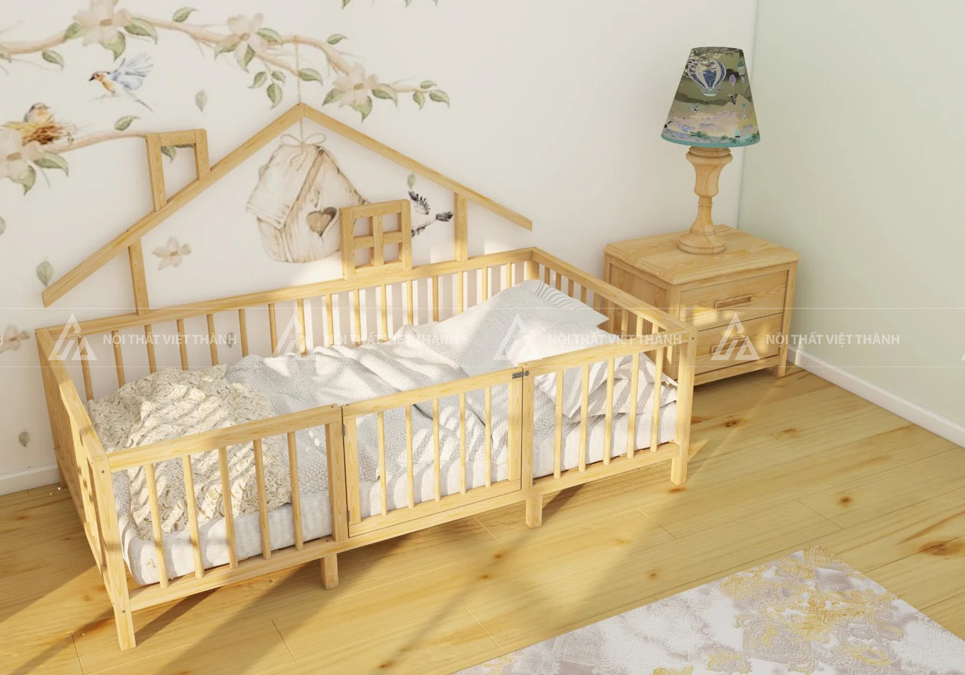 Giường Ngủ Trẻ Em Hình Ngôi Nhà Gỗ Tự Nhiên Có Lan Can Chắn An Toàn 4