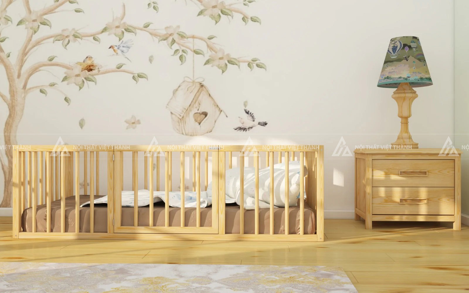 Giường Cũi Trẻ Em Gỗ Tự Nhiên Thiết Kế Lan Can Cao Có Cửa Mở An Toàn 5