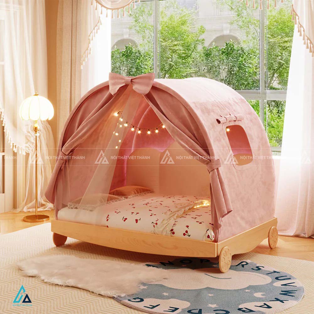 Giường Ngủ Trẻ Em Gỗ Hình Xe Cỗ Tích Tích Hợp Mái Che Lều Vải Cao Cấp 5