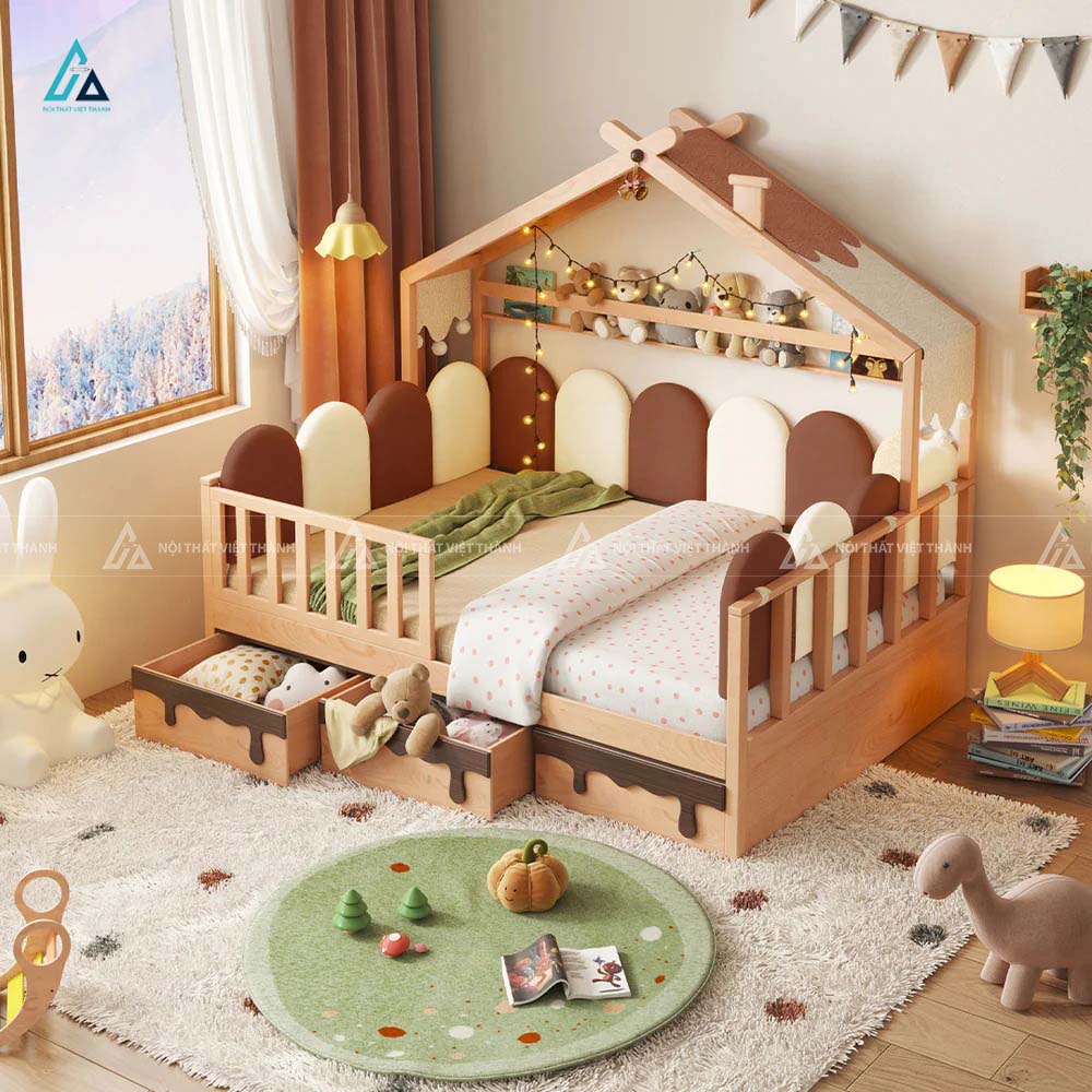 Giường Ngủ Hình Ngôi Nhà Có Ngăn Kéo Lưu Trữ Và Lan Can An Toàn Cho Bé 1