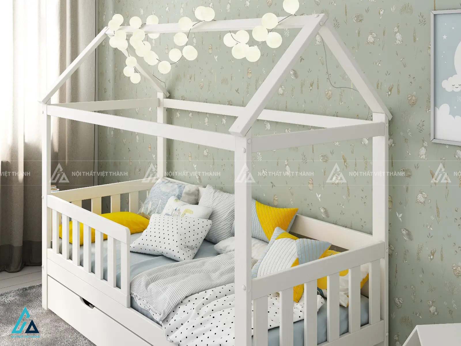 Giường Ngủ Cho Bé Hình Ngôi Nhà Có Ngăn Kéo Và Lan Can Bảo Vệ
