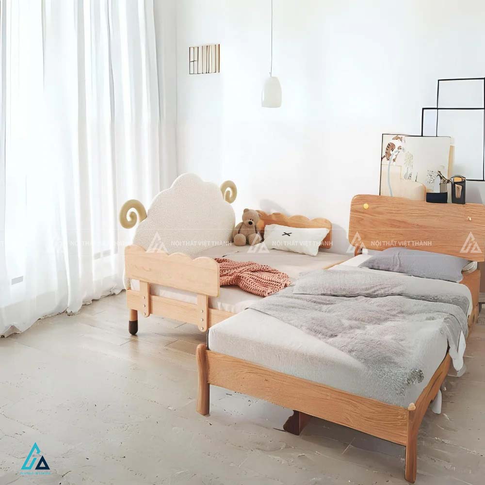 Giường Ngủ Trẻ Em Đầu Giường Hình Đám Mây Tích Hợp Hệ Nan Thông Thoáng