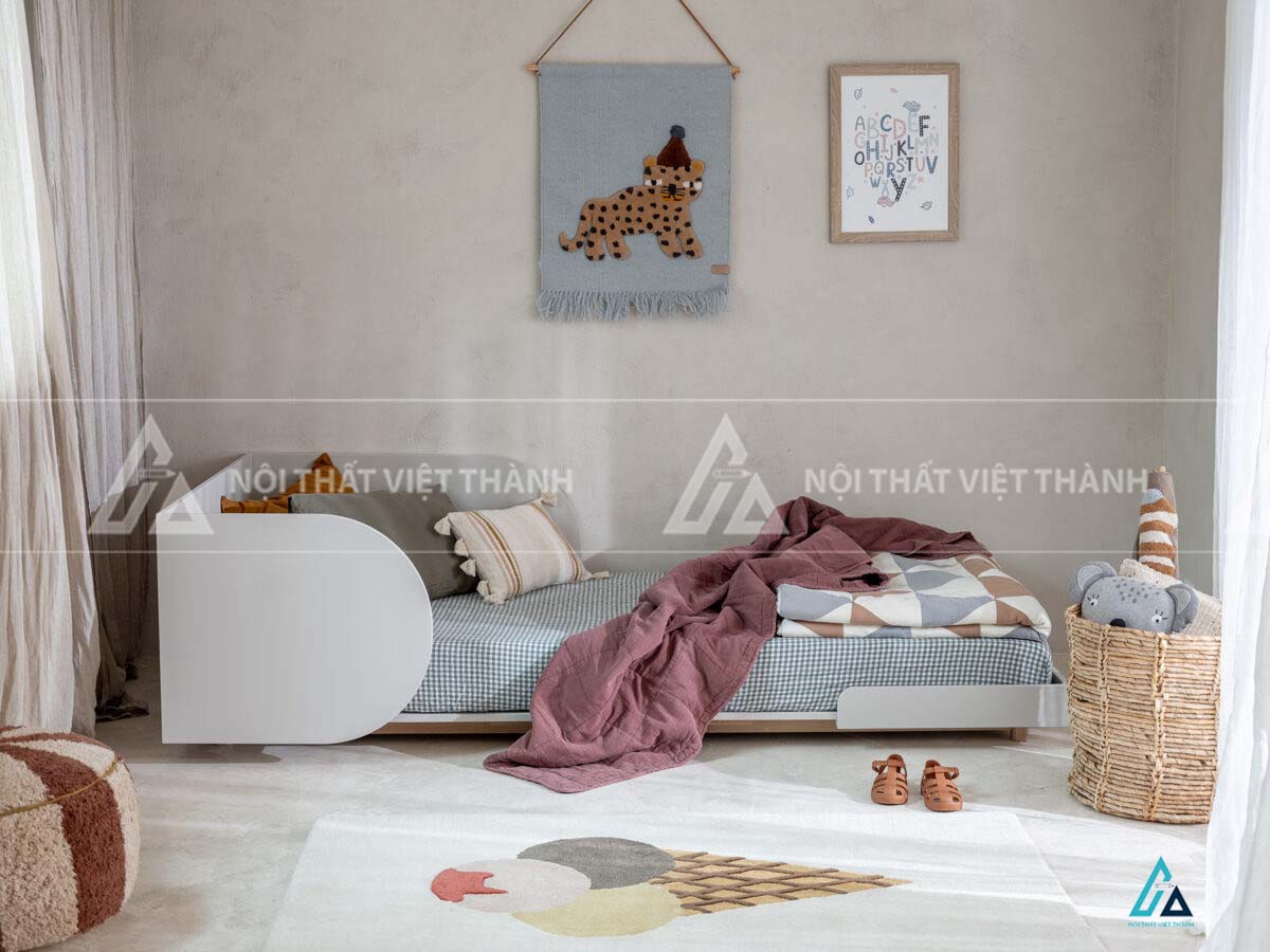 Giường Ngủ Trẻ Em Gỗ Bo Cong Hình Bán Nguyệt Thiết Kế Dạng Sàn An Toàn
