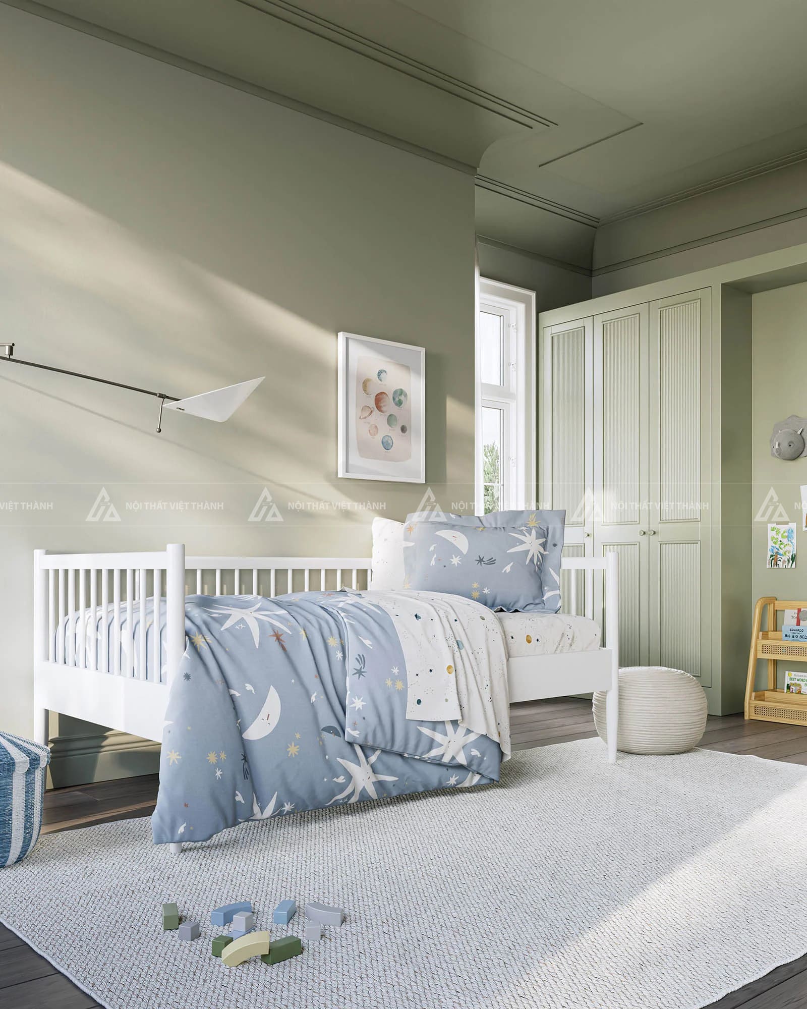 Giường Ngủ Trẻ Em Màu Sáng Thiết Kế Thanh Chắn Nan Bản Lớn Bo Góc An Toàn 5