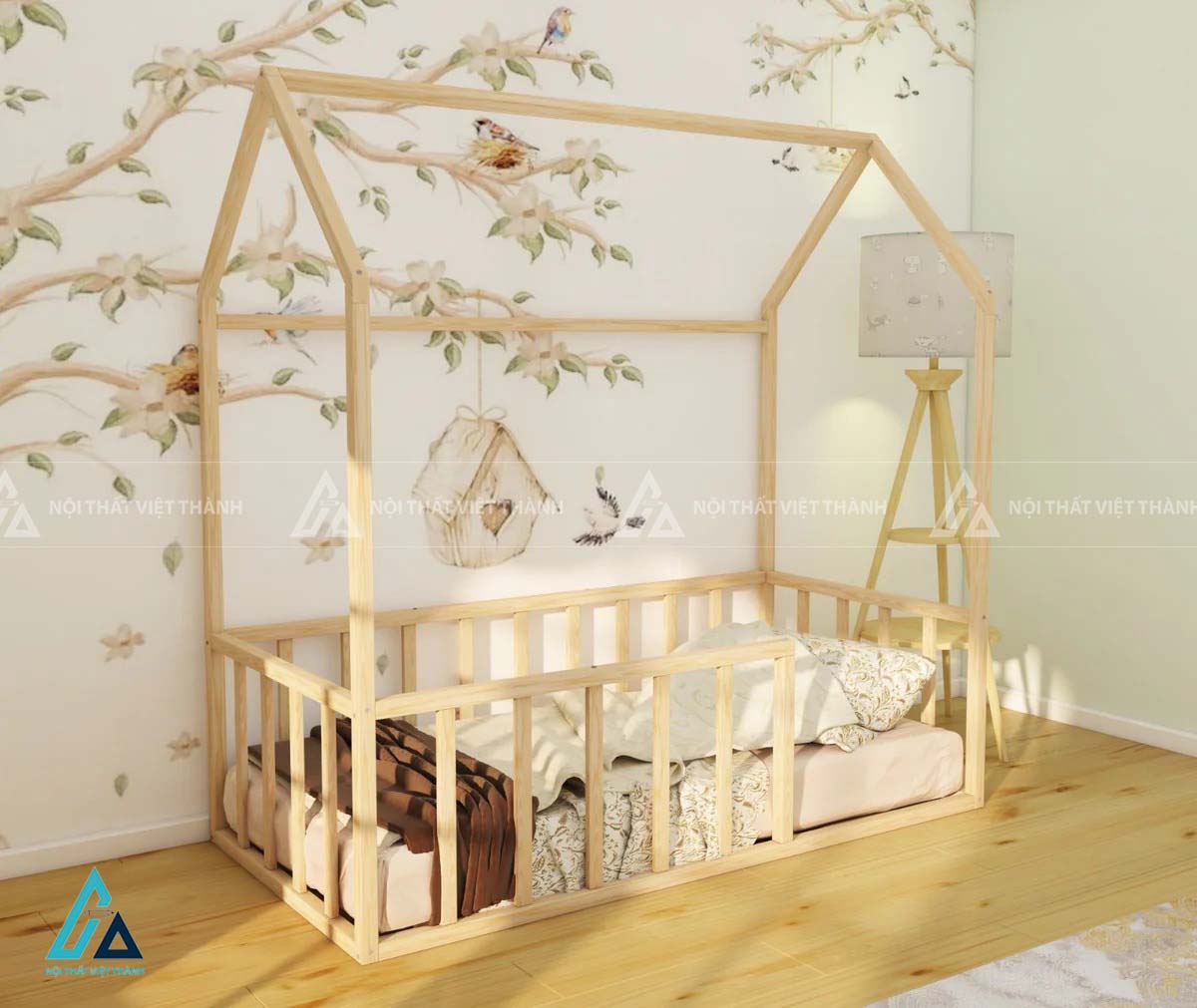 Giường Ngủ Hình Ngôi Nhà Gỗ Tự Nhiên Thiết Kế Sát Sàn An Toàn