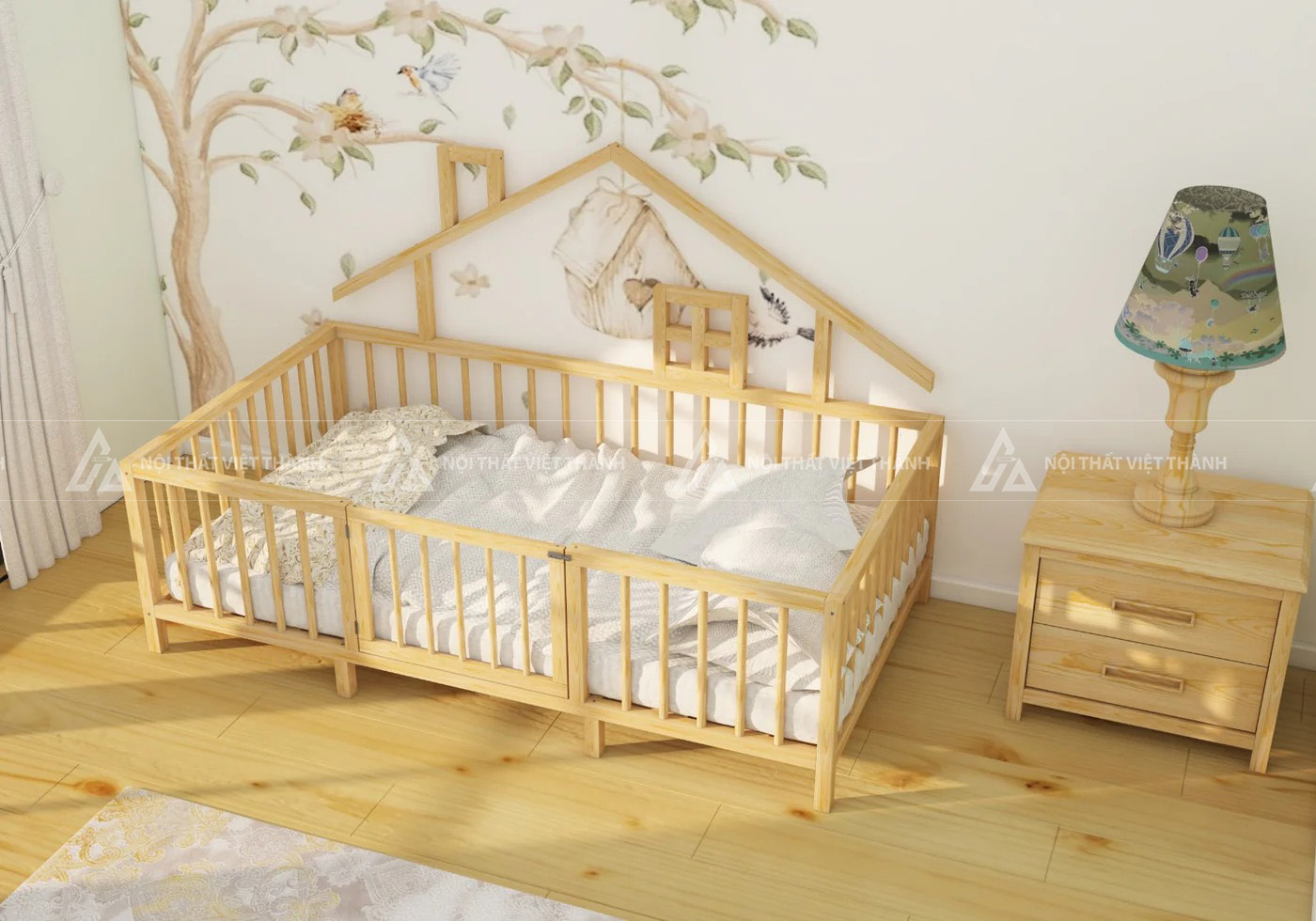 Giường Ngủ Trẻ Em Hình Ngôi Nhà Gỗ Tự Nhiên Có Lan Can Chắn An Toàn 5