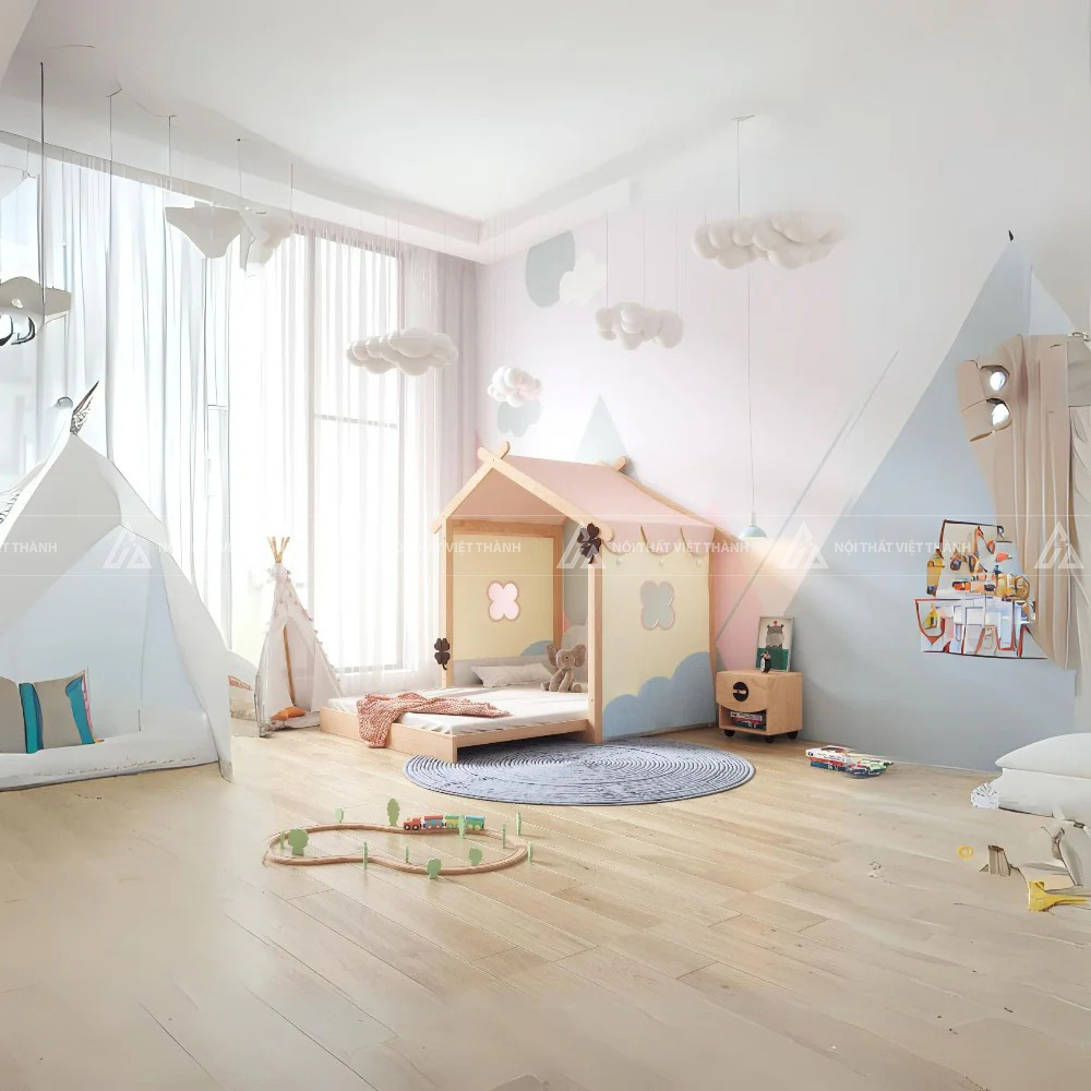 Giường Ngủ Cho Bé Gỗ Cao Cấp Thiết Kế Thấp Có Thanh Chắn An Toàn Cách Điệu Hiện Đại 6
