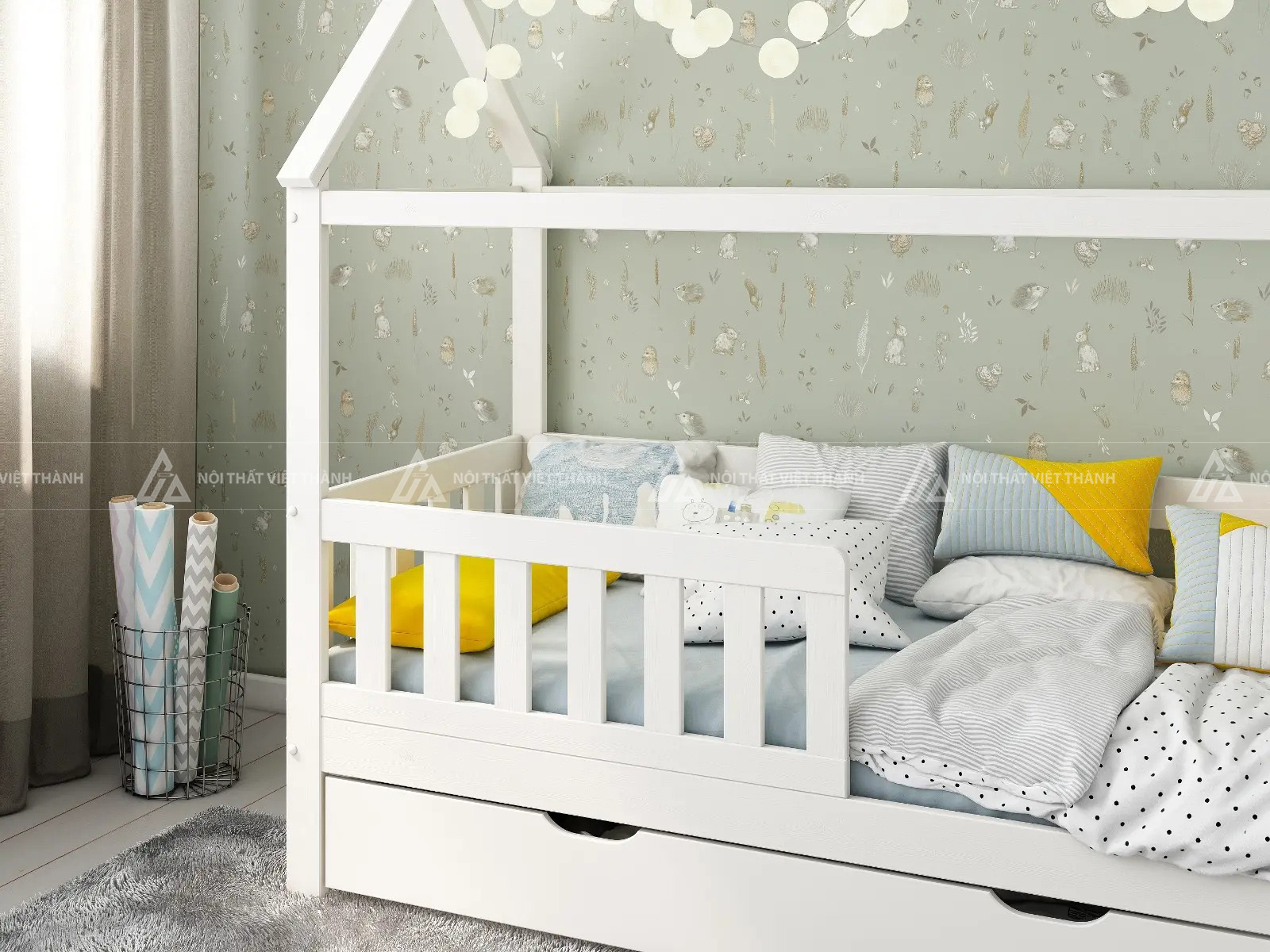 Giường Ngủ Cho Bé Hình Ngôi Nhà Có Ngăn Kéo Và Lan Can Bảo Vệ 5
