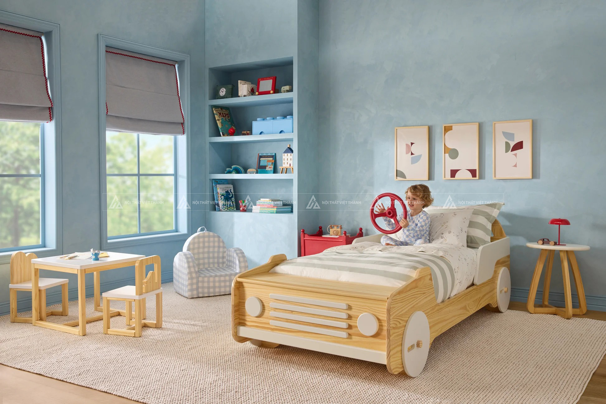 Giường Ngủ Trẻ Em Hình Xe Ô Tô Phối Trắng Sáng Tạo Cho Bé Trai Và Bé Gái 6