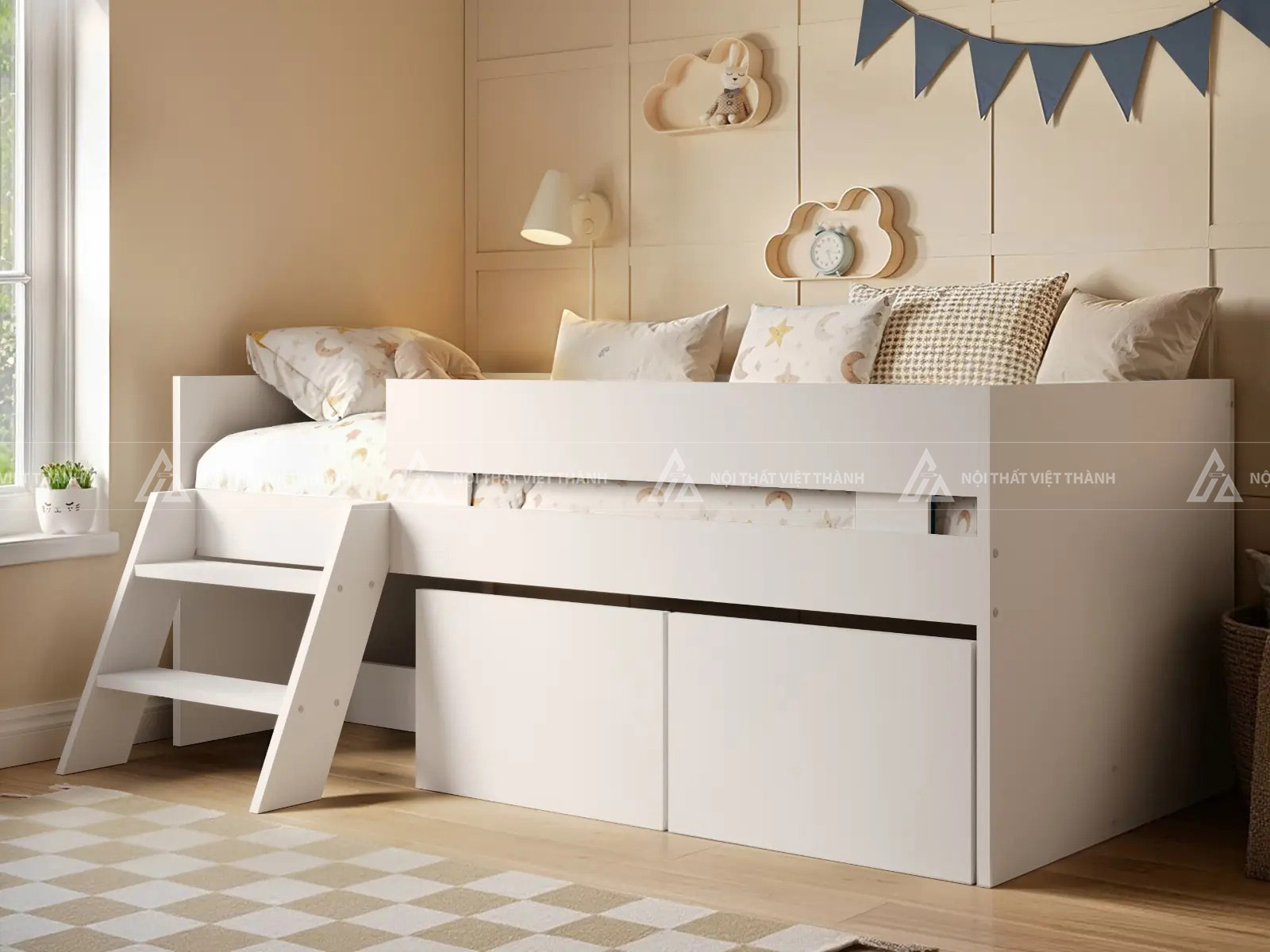 Giường Ngủ Trẻ Em Thiết Kế Hàng Rào Nan Dọc An Toàn Với Cầu Thang Độc Đáo 6