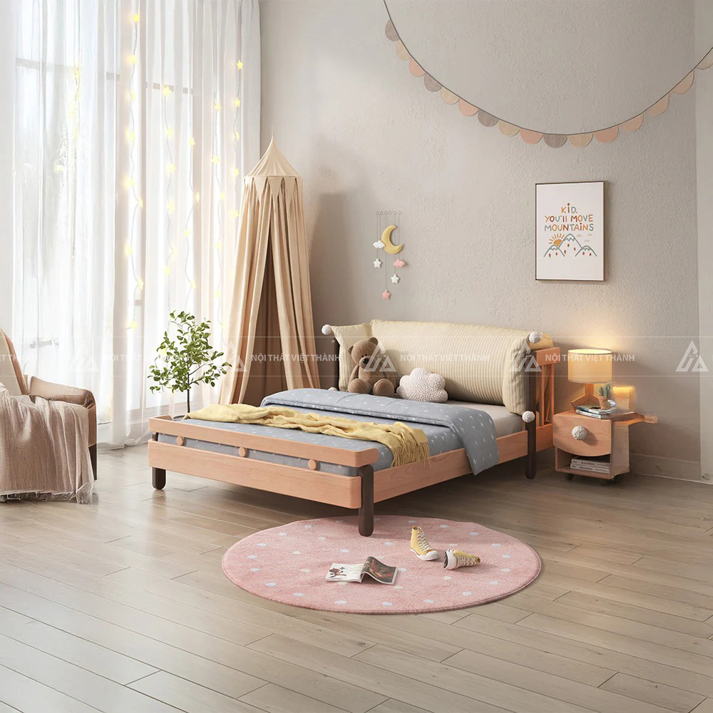 Giường Ngủ Trẻ Em Gỗ Cao Cấp Bo Góc Tích Hợp Đệm Tựa Lưng Chống Va Đập An Toàn 5