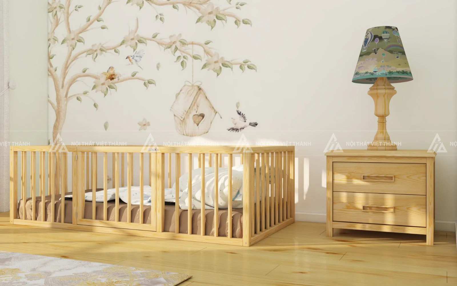 Giường Cũi Trẻ Em Gỗ Tự Nhiên Thiết Kế Lan Can Cao Có Cửa Mở An Toàn 6