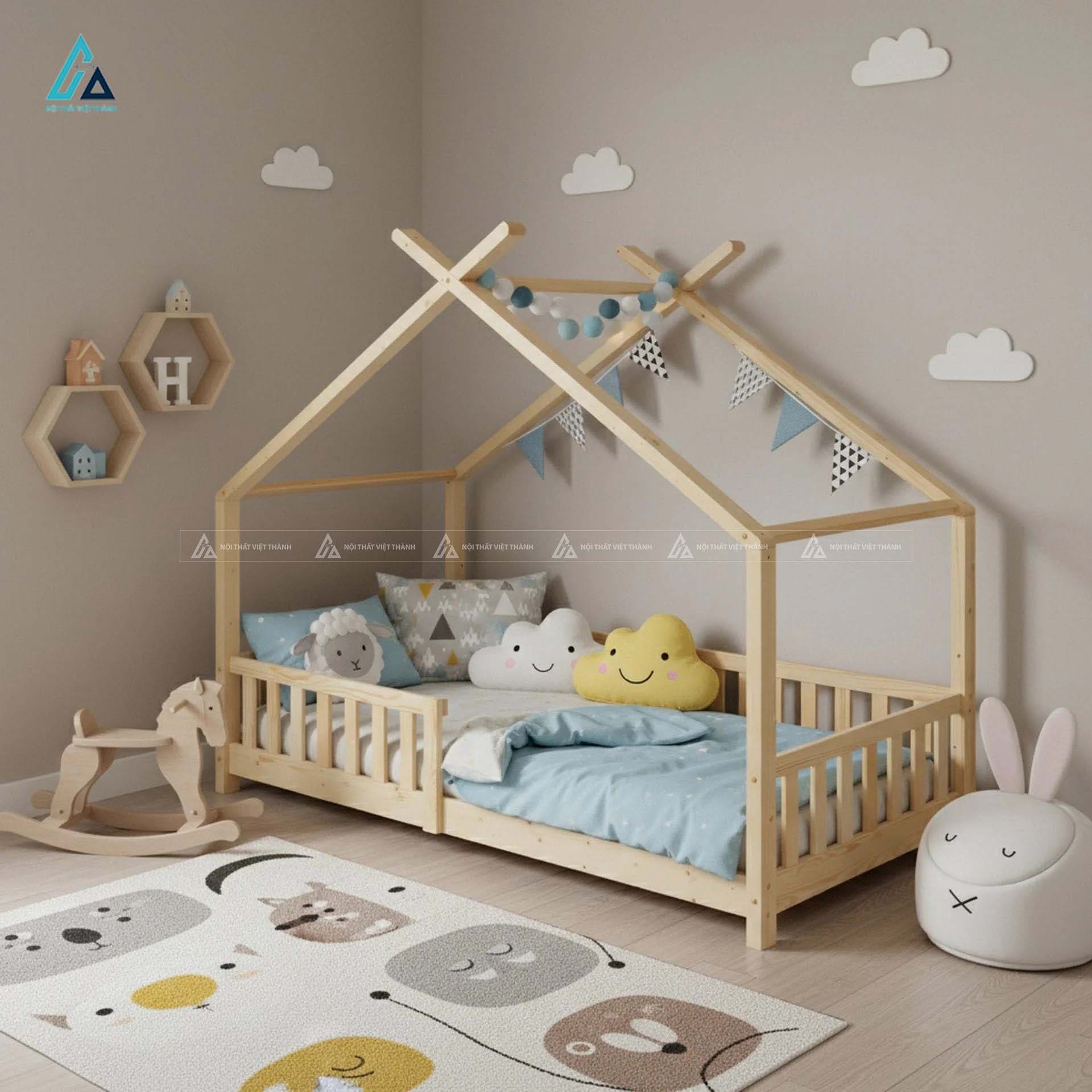 Giường Ngủ Cho Bé Khung Gỗ Hình Ngôi Nhà Phong Cách Tối Giản Hiện Đại 1
