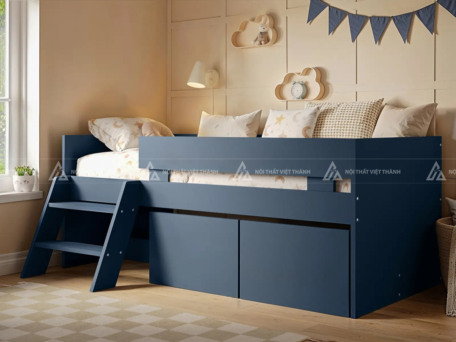 Giường Ngủ Trẻ Em Thiết Kế Hàng Rào Nan Dọc An Toàn Với Cầu Thang Độc Đáo 7