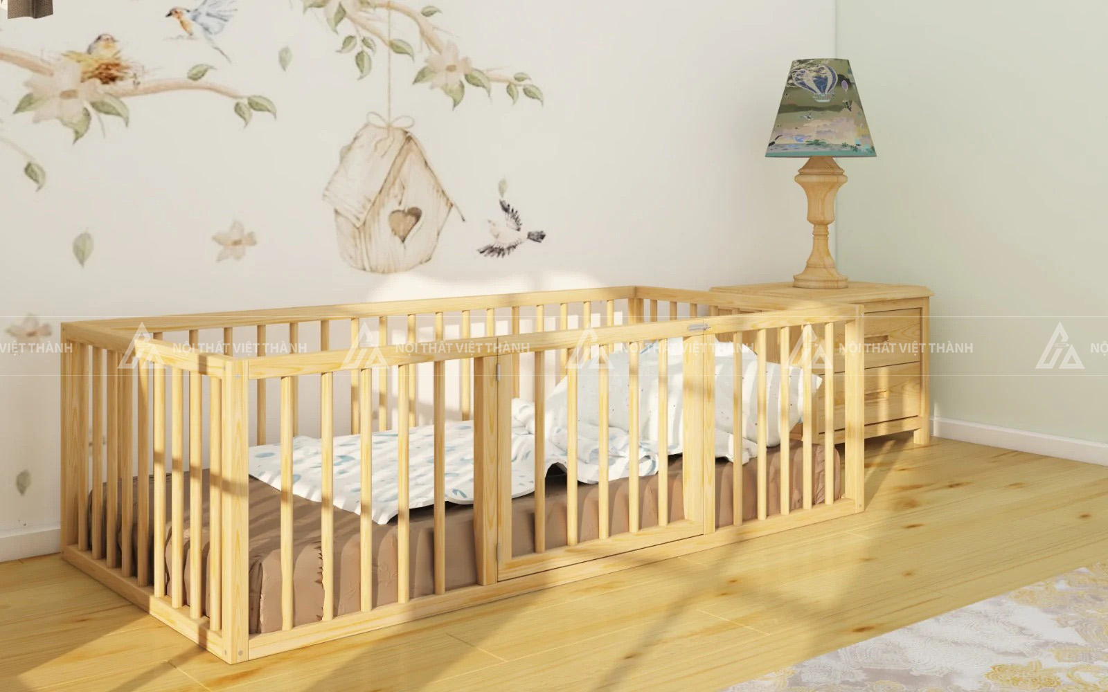 Giường Cũi Trẻ Em Gỗ Tự Nhiên Thiết Kế Lan Can Cao Có Cửa Mở An Toàn 7