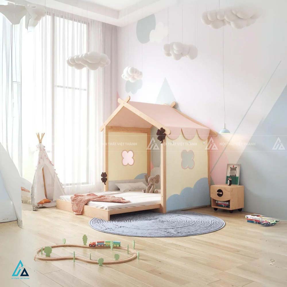 Giường Ngủ Cho Bé Gỗ Cao Cấp Thiết Kế Thấp Có Thanh Chắn An Toàn Cách Điệu Hiện Đại
