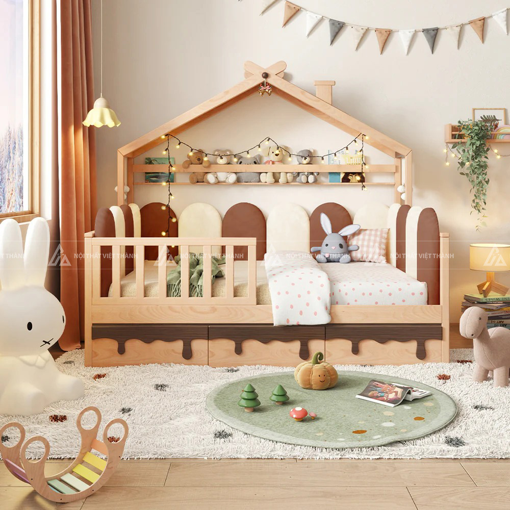 Giường Ngủ Hình Ngôi Nhà Có Ngăn Kéo Lưu Trữ Và Lan Can An Toàn Cho Bé 6