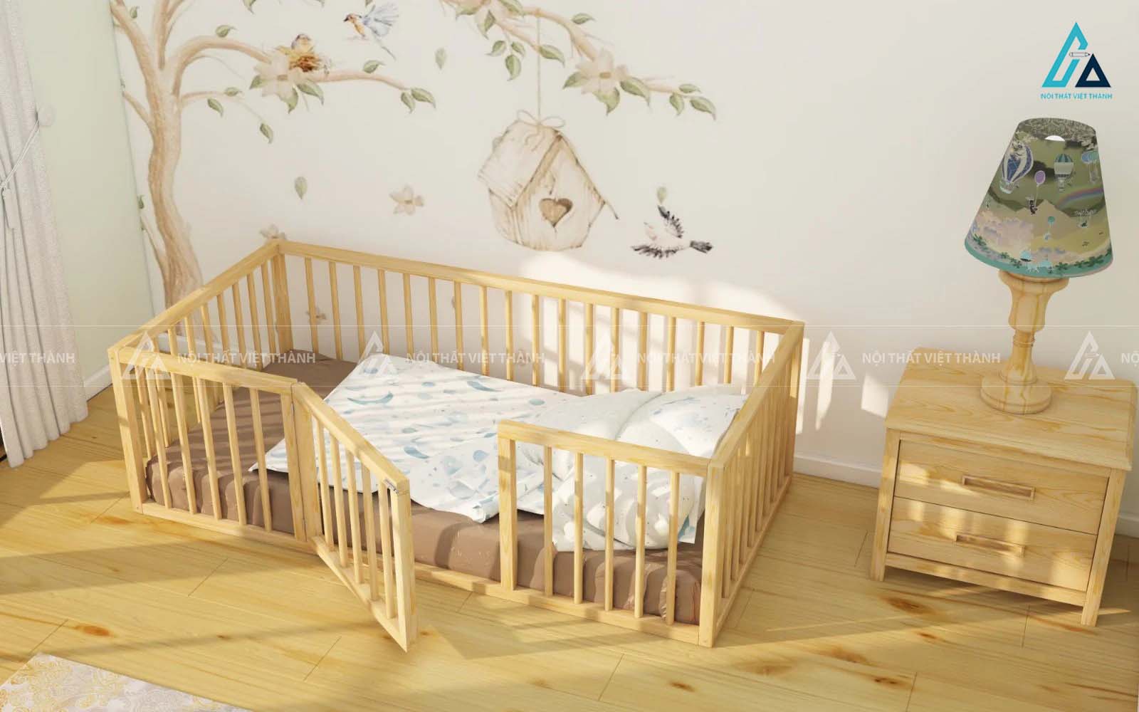 Giường Cũi Trẻ Em Gỗ Tự Nhiên Thiết Kế Lan Can Cao Có Cửa Mở An Toàn 1