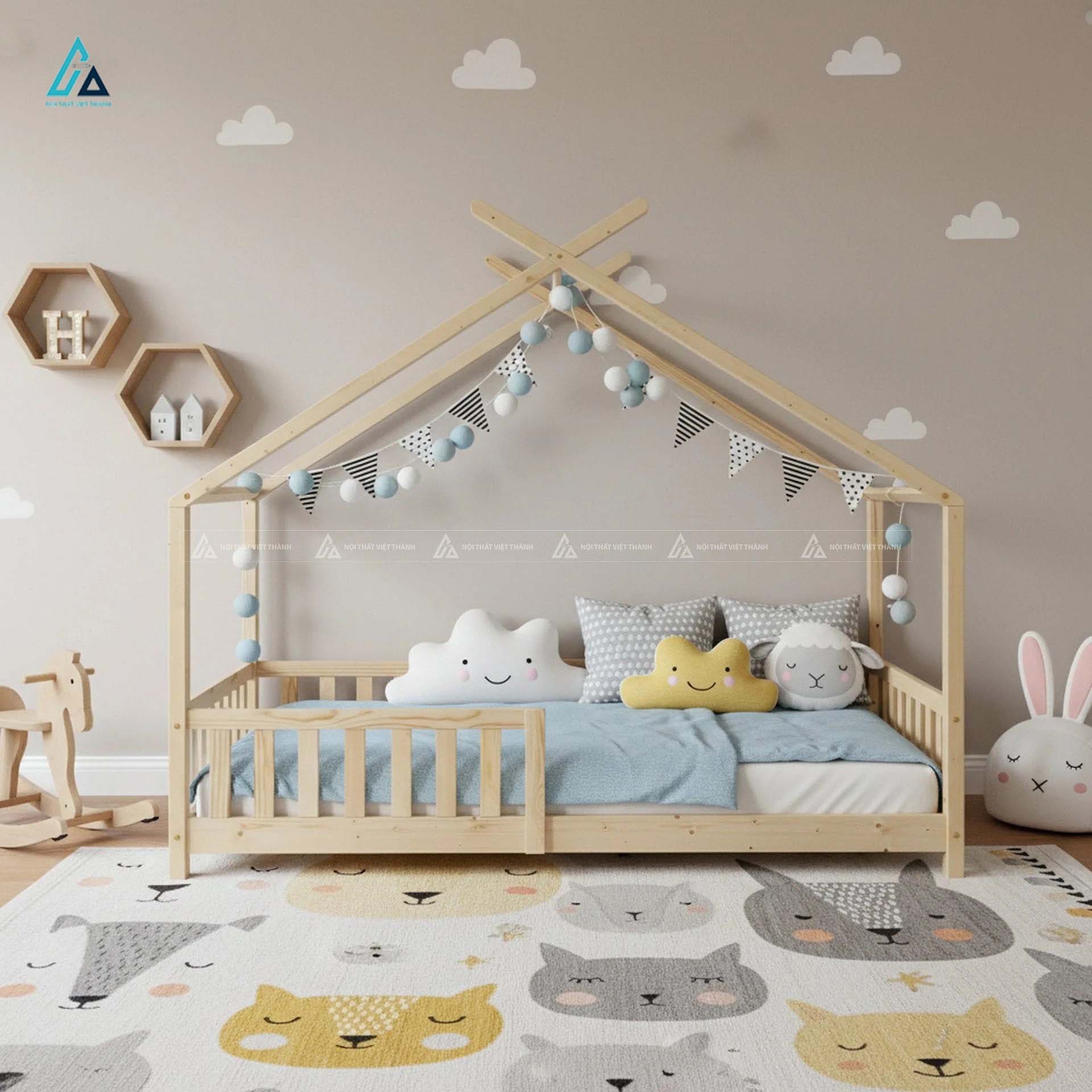 Giường Ngủ Cho Bé Khung Gỗ Hình Ngôi Nhà Phong Cách Tối Giản Hiện Đại